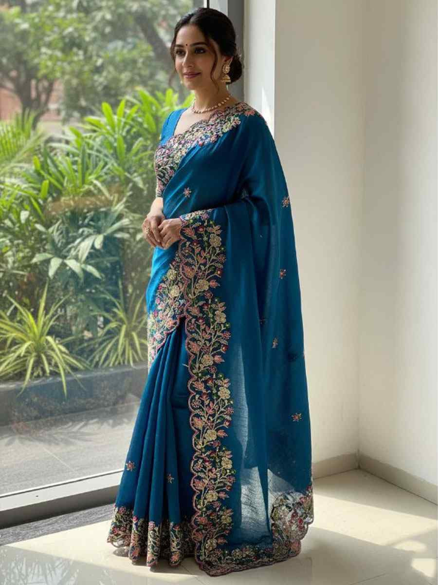 Teal Soft Fendy Chiffon Embroidery Traditional Casual Reception Festival Wedding Fancy Heavy Border Saree