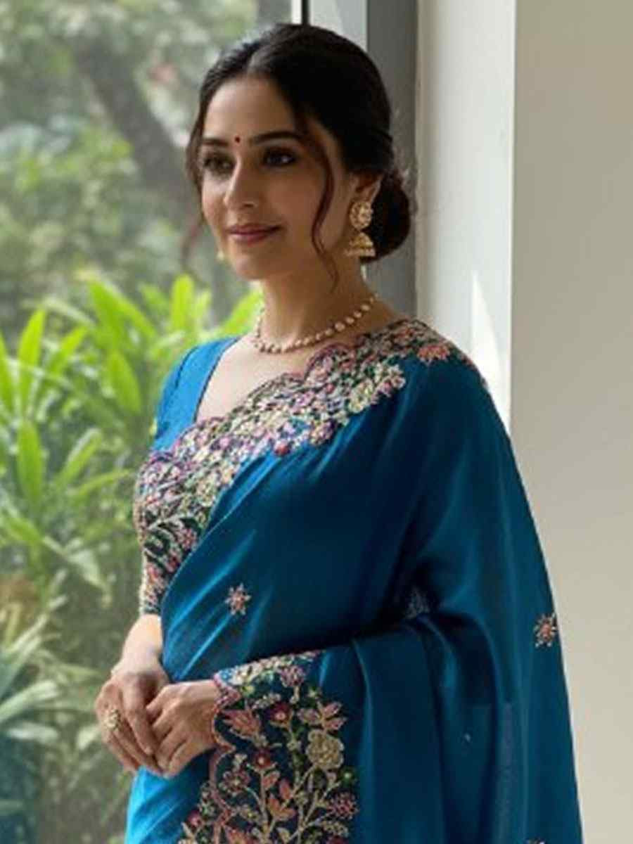 Teal Soft Fendy Chiffon Embroidery Traditional Casual Reception Festival Wedding Fancy Heavy Border Saree