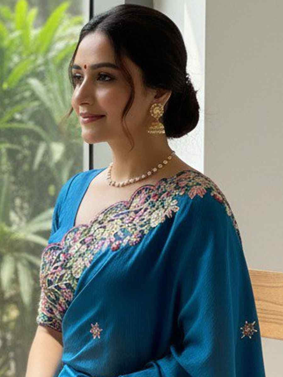 Teal Soft Fendy Chiffon Embroidery Traditional Casual Reception Festival Wedding Fancy Heavy Border Saree