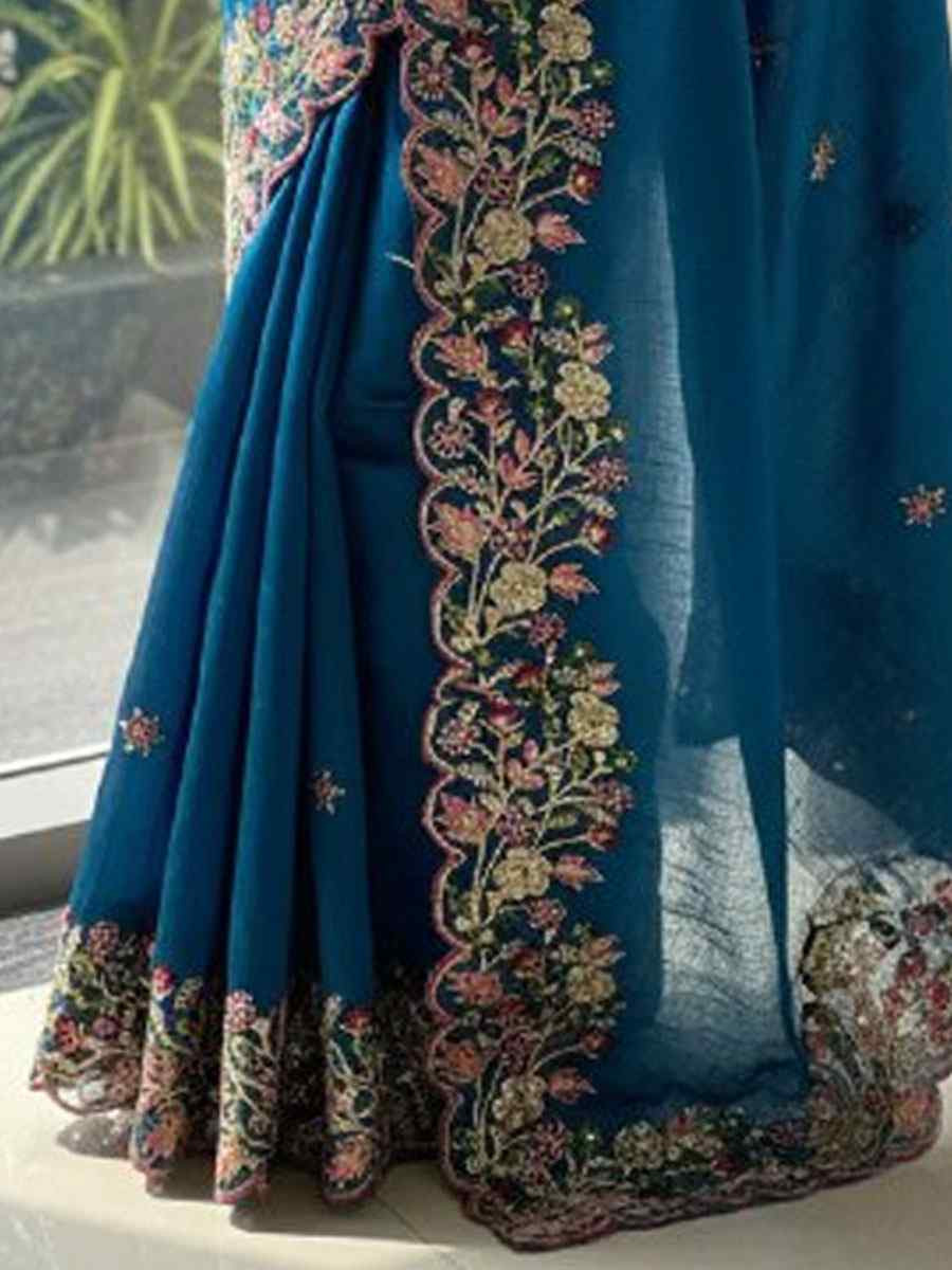 Teal Soft Fendy Chiffon Embroidery Traditional Casual Reception Festival Wedding Fancy Heavy Border Saree