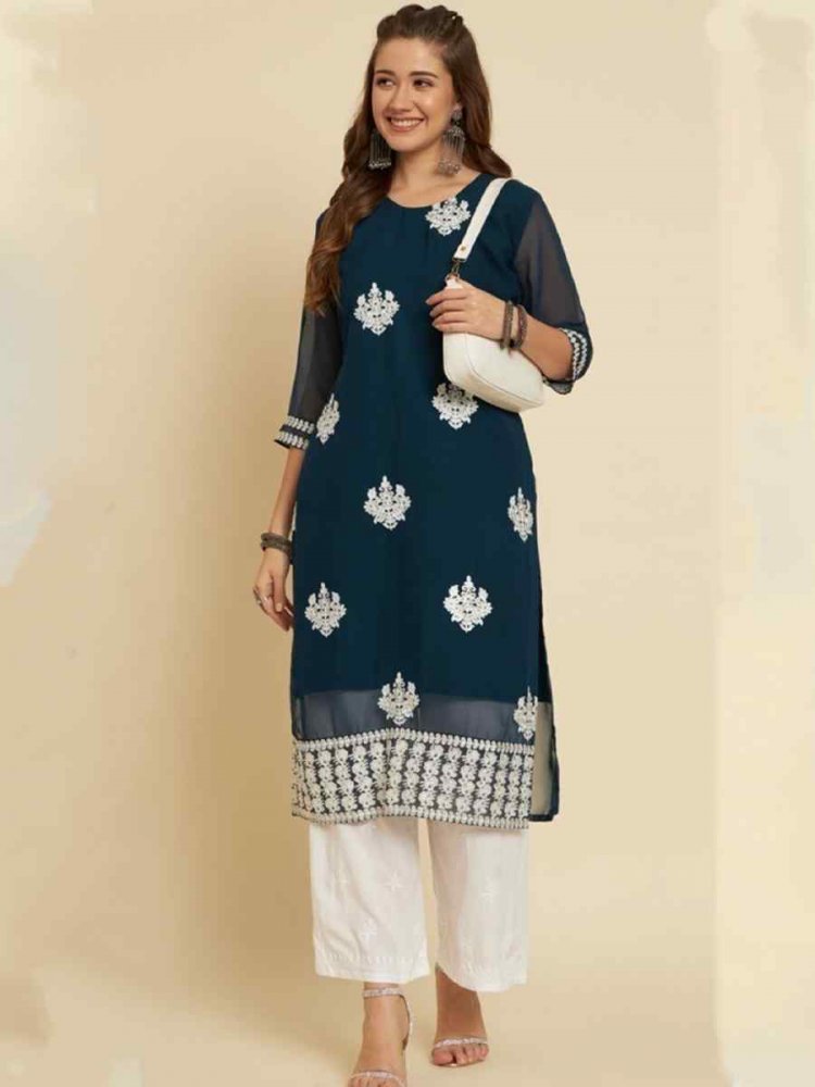 Teal Soft Georgette Embroidered Festival Casual Kurti
