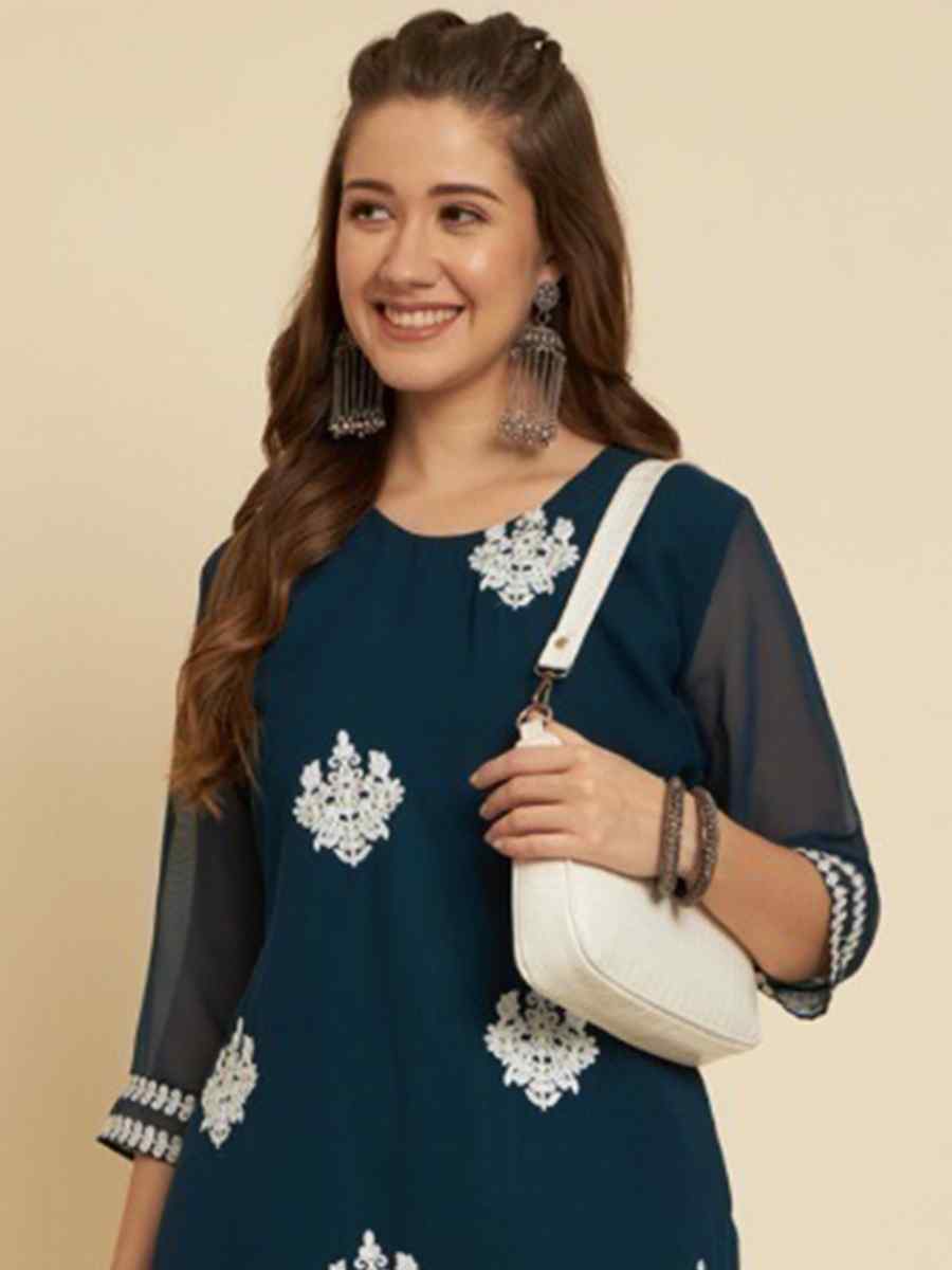 Teal Soft Georgette Embroidered Festival Casual Kurti