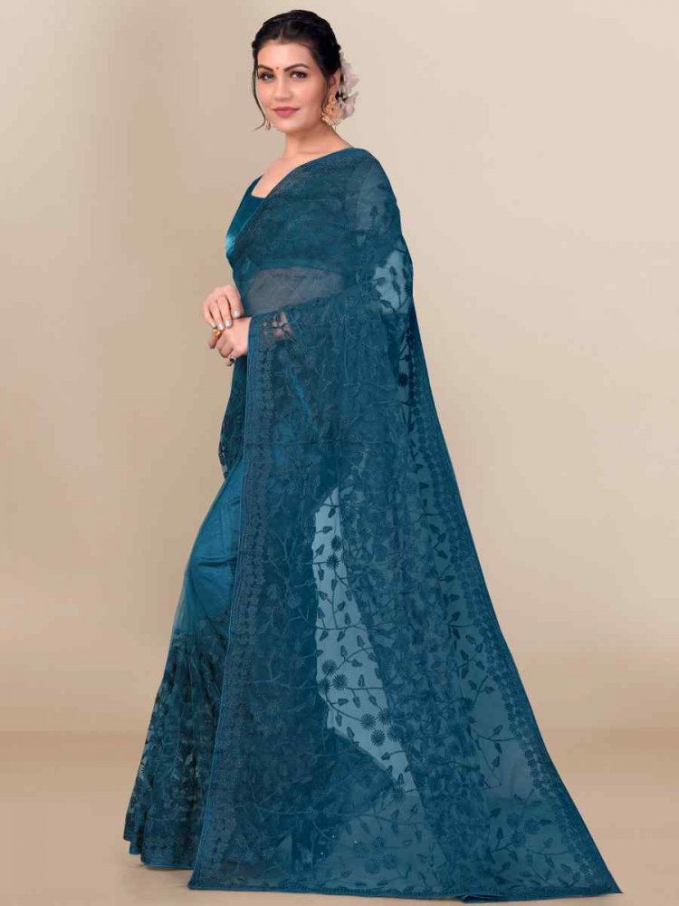 Teal Soft Net Applique Party Festival Contemporary Saree