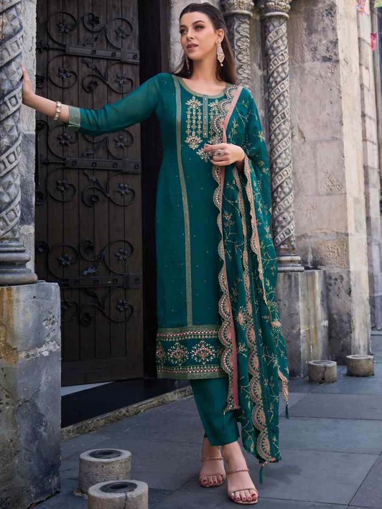 Teal Soft Organza Embroidered Festival Party Ready Pant Salwar Kameez