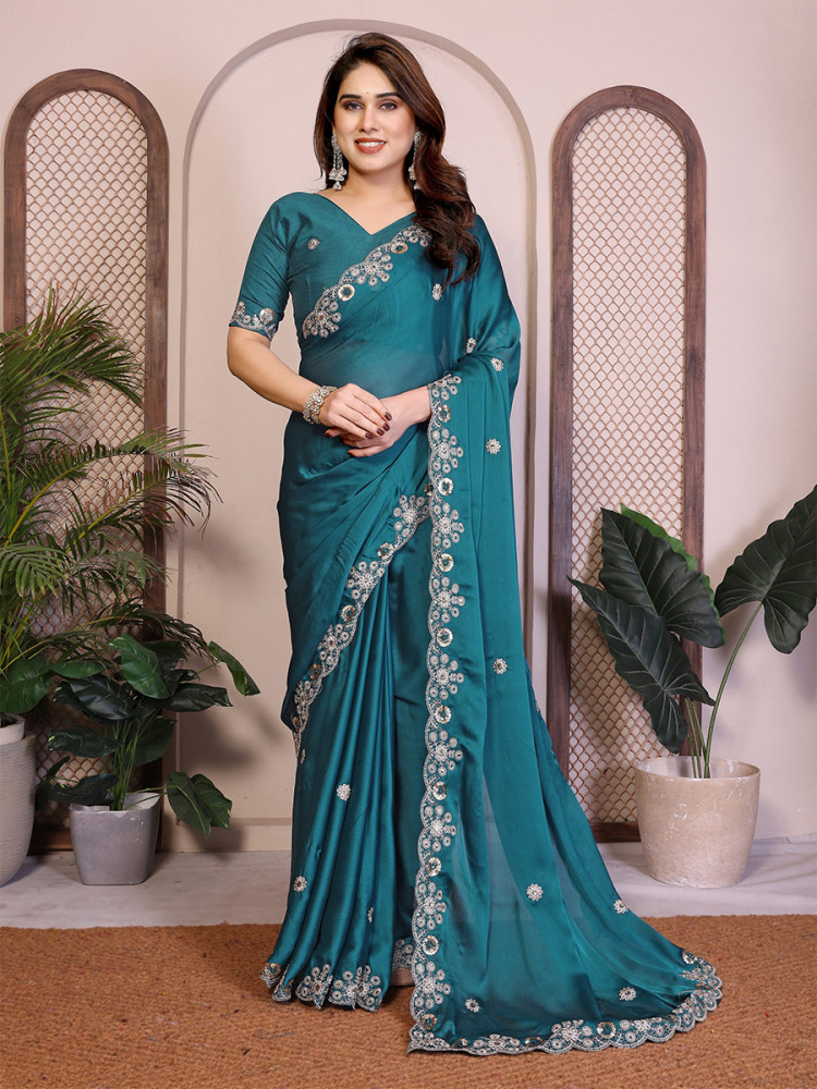 Image of Teal Soft Satin Chiffon Embroidery Zari Sequins Wedding Festival Party Wear Heavy Border Sarees