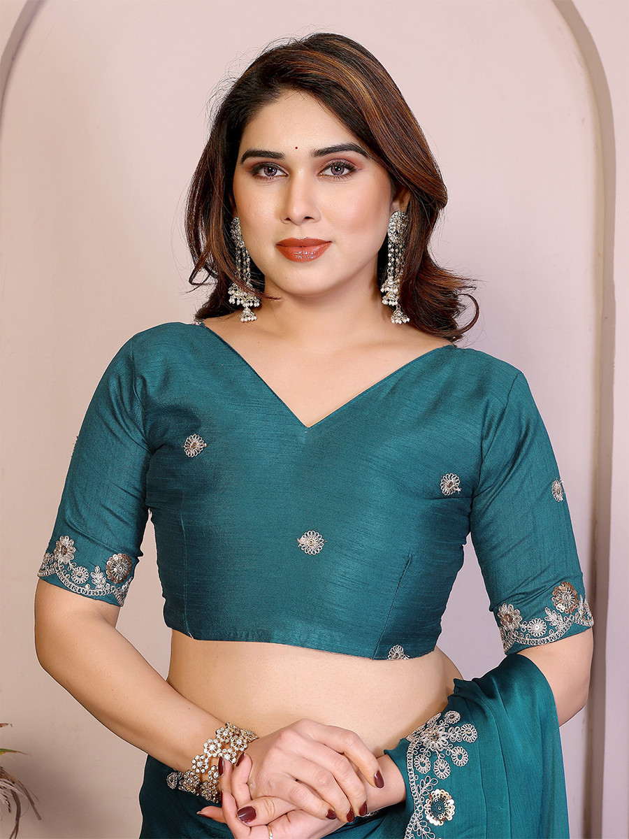 Teal Soft Satin Chiffon Embroidery Zari Sequins Wedding Festival Party Wear Heavy Border Sarees