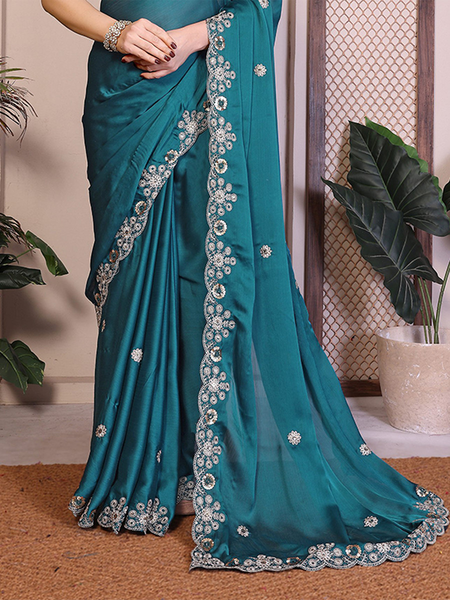 Teal Soft Satin Chiffon Embroidery Zari Sequins Wedding Festival Party Wear Heavy Border Sarees