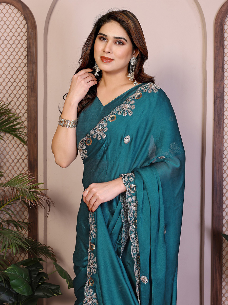 Teal Soft Satin Chiffon Embroidery Zari Sequins Wedding Festival Party Wear Heavy Border Sarees
