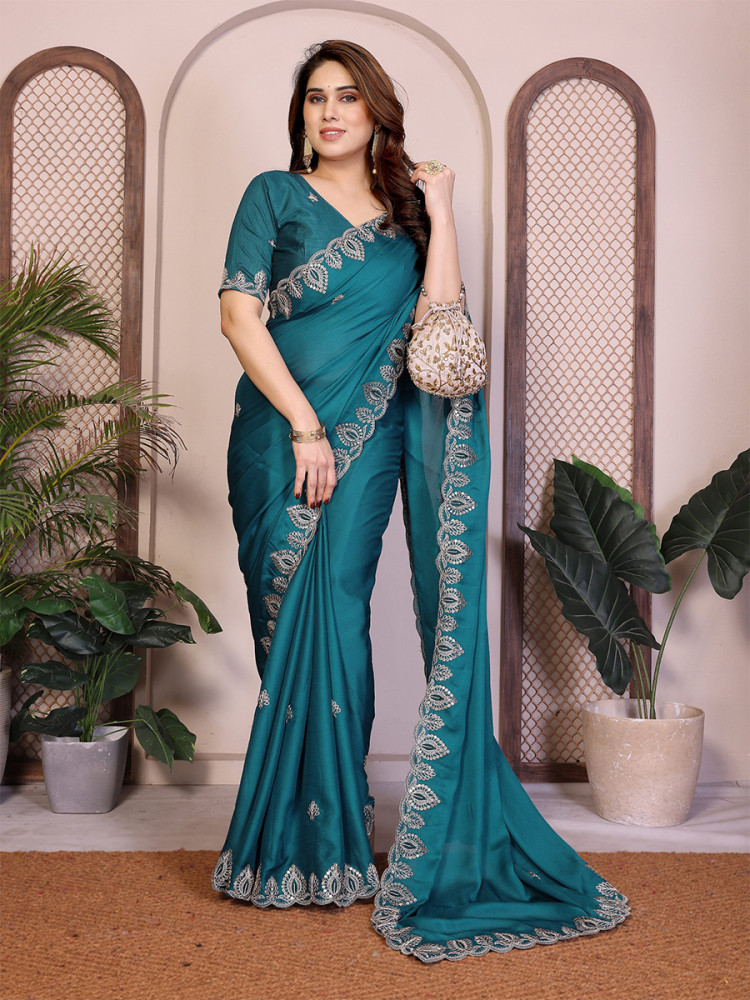 Image of Teal Soft Satin Chiffon Embroidery Zari Sequins Wedding Festival Party Wear Heavy Border Sarees