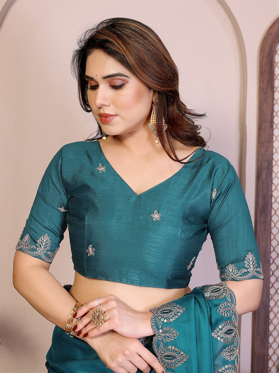 Teal Soft Satin Chiffon Embroidery Zari Sequins Wedding Festival Party Wear Heavy Border Sarees