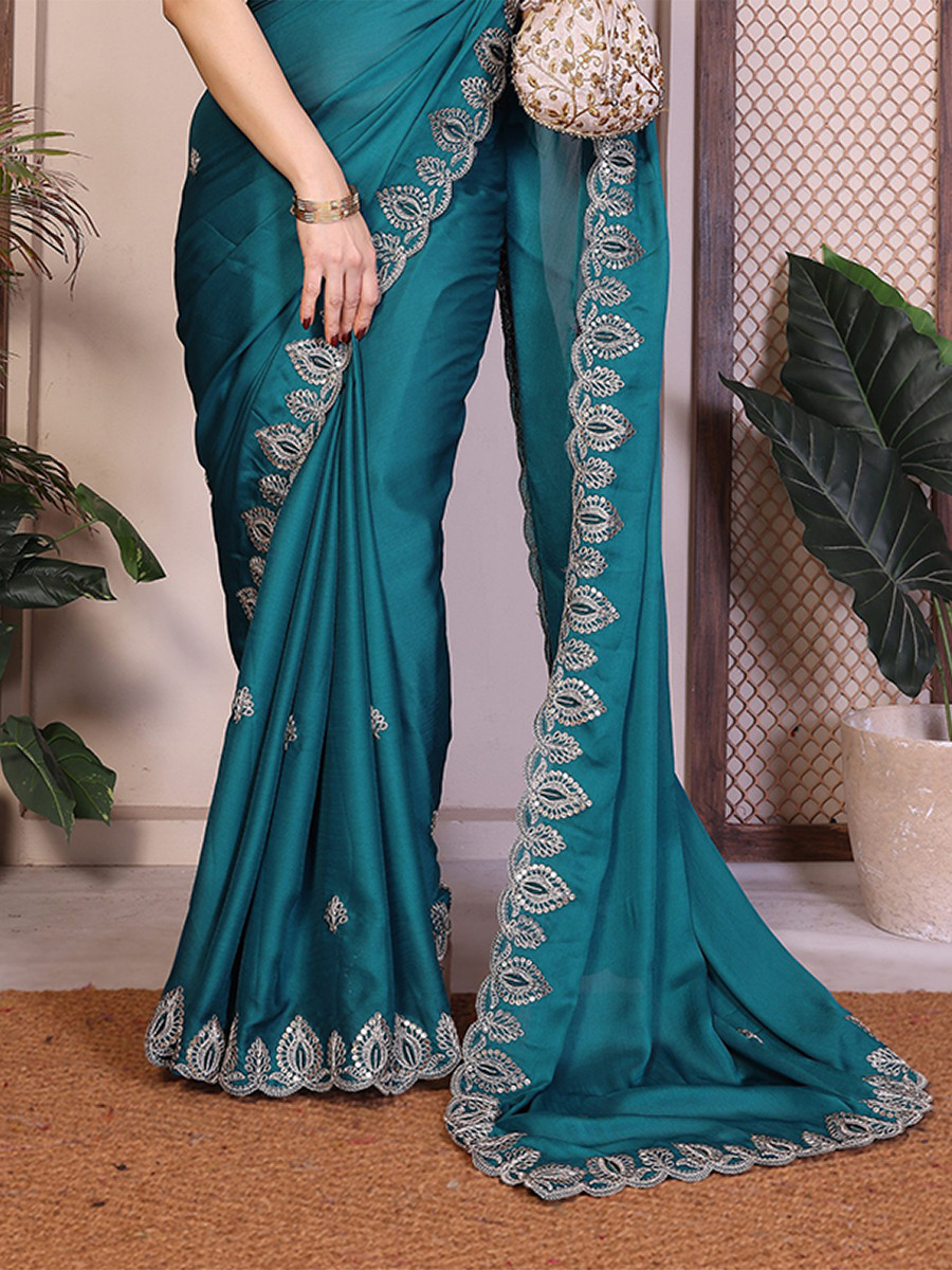 Teal Soft Satin Chiffon Embroidery Zari Sequins Wedding Festival Party Wear Heavy Border Sarees