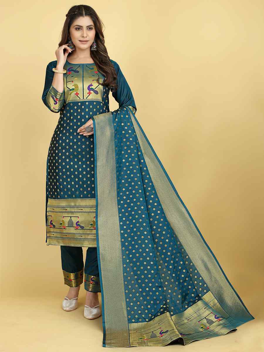 Teal Soft Silk Handwoven Casual Festival Pant Salwar Kameez