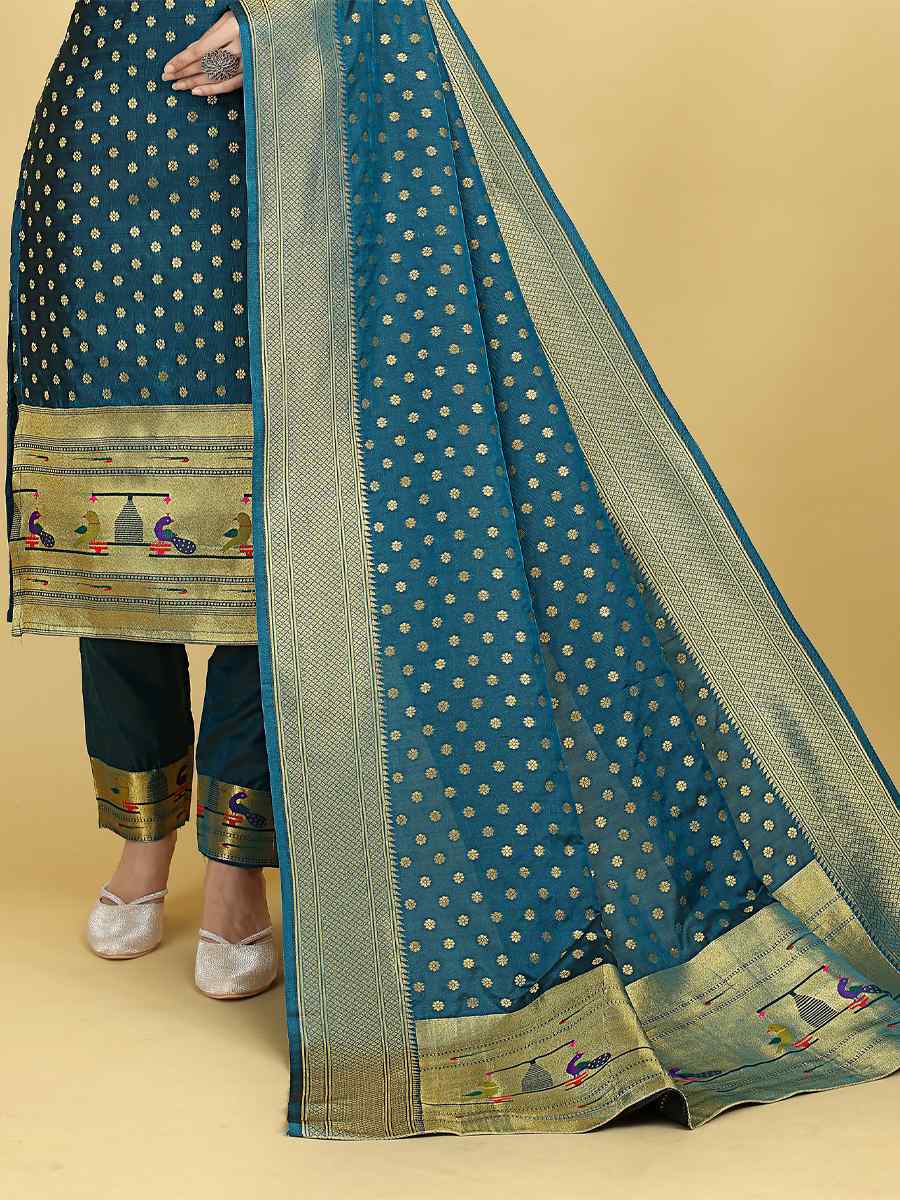 Teal Soft Silk Handwoven Casual Festival Pant Salwar Kameez