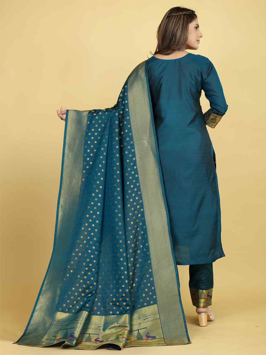 Teal Soft Silk Handwoven Casual Festival Pant Salwar Kameez