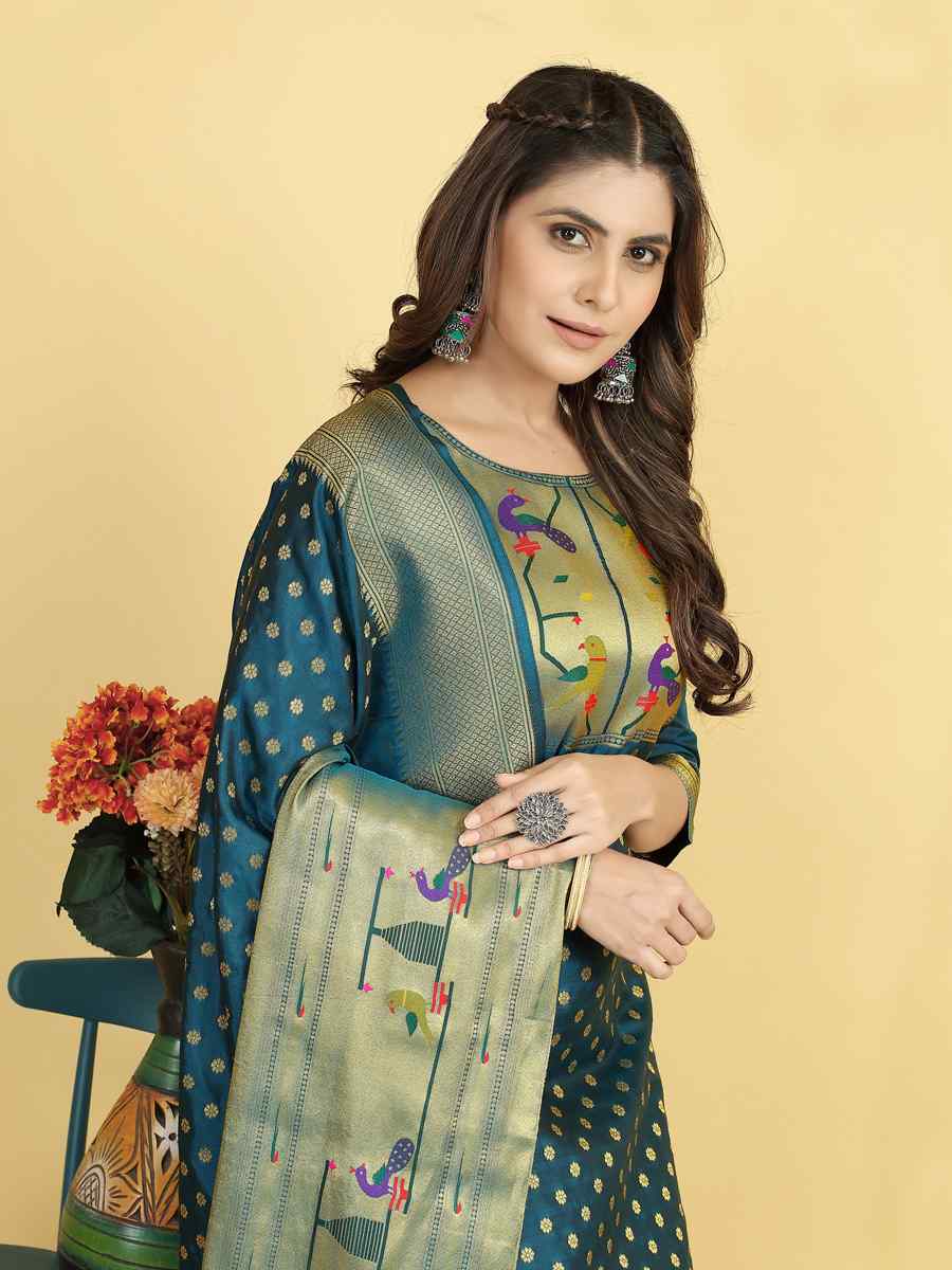 Teal Soft Silk Handwoven Casual Festival Pant Salwar Kameez