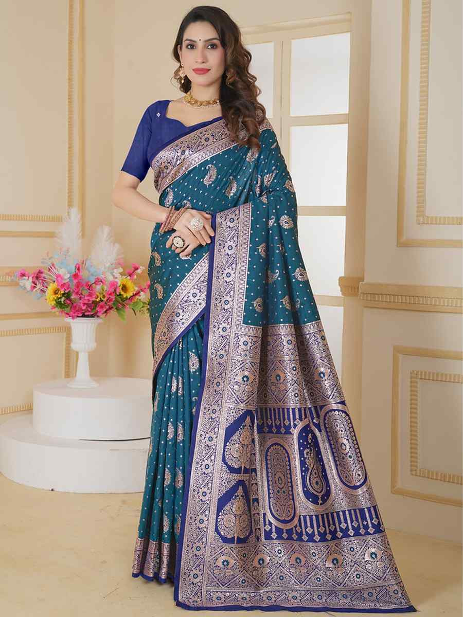 Teal Soft Silk Handwoven Festival Wedding Fancy Heavy Border Saree