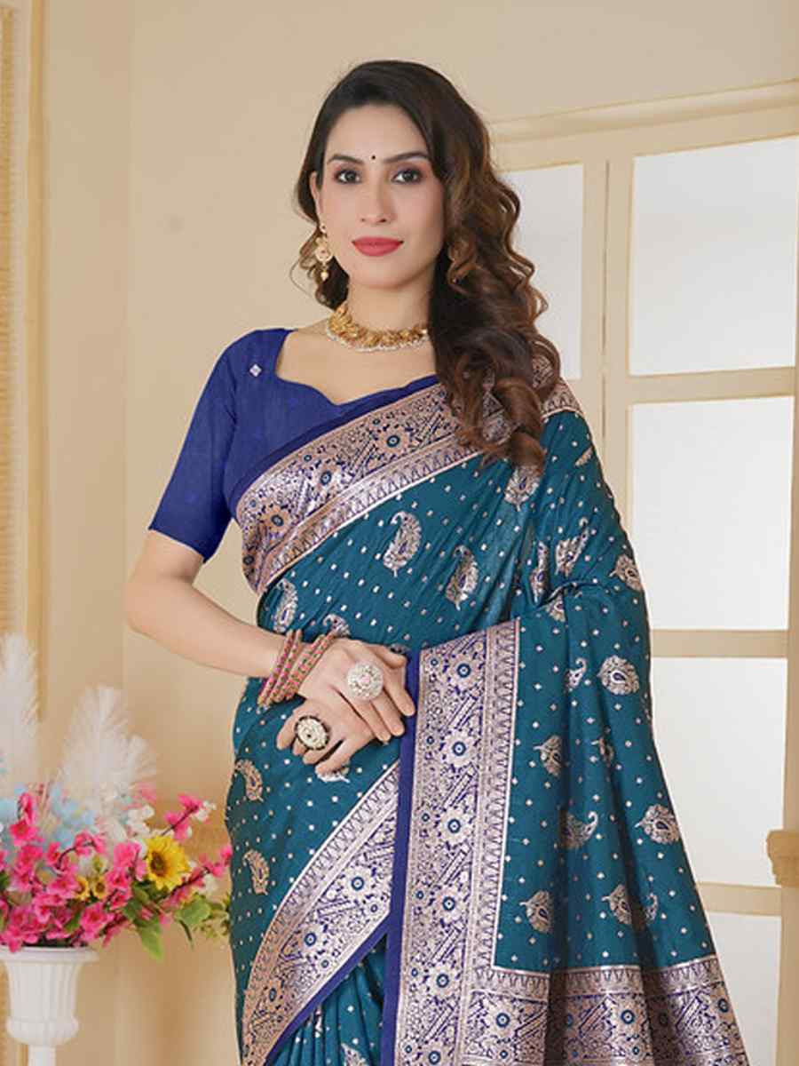 Teal Soft Silk Handwoven Festival Wedding Fancy Heavy Border Saree