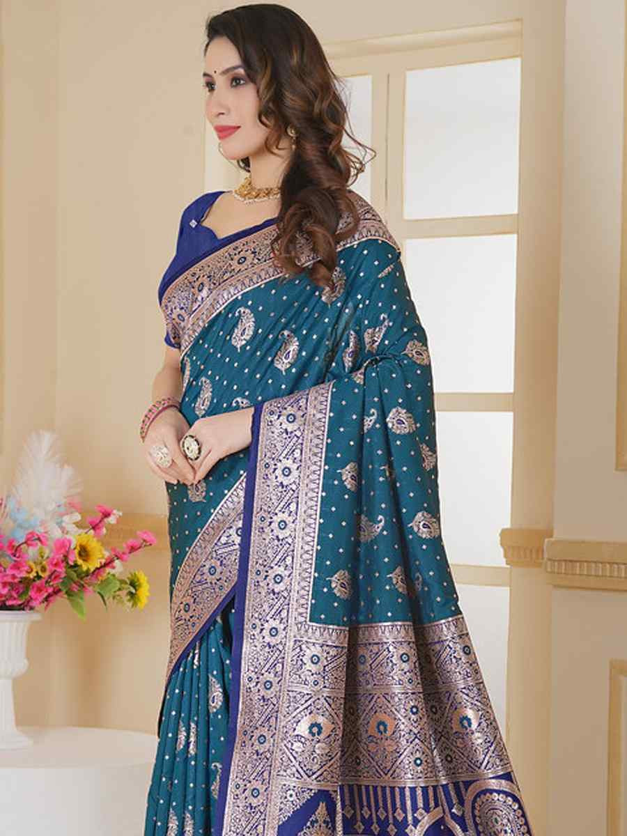 Teal Soft Silk Handwoven Festival Wedding Fancy Heavy Border Saree