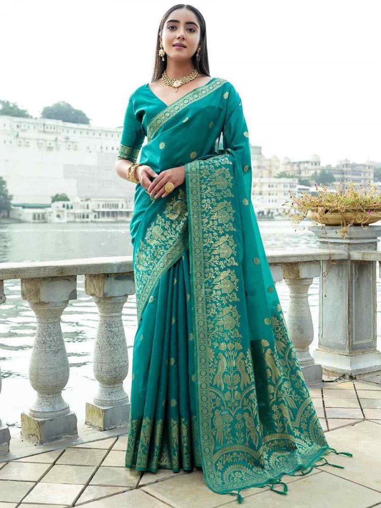 Teal Soft Silk Handwoven Wedding Festival Heavy Border Saree