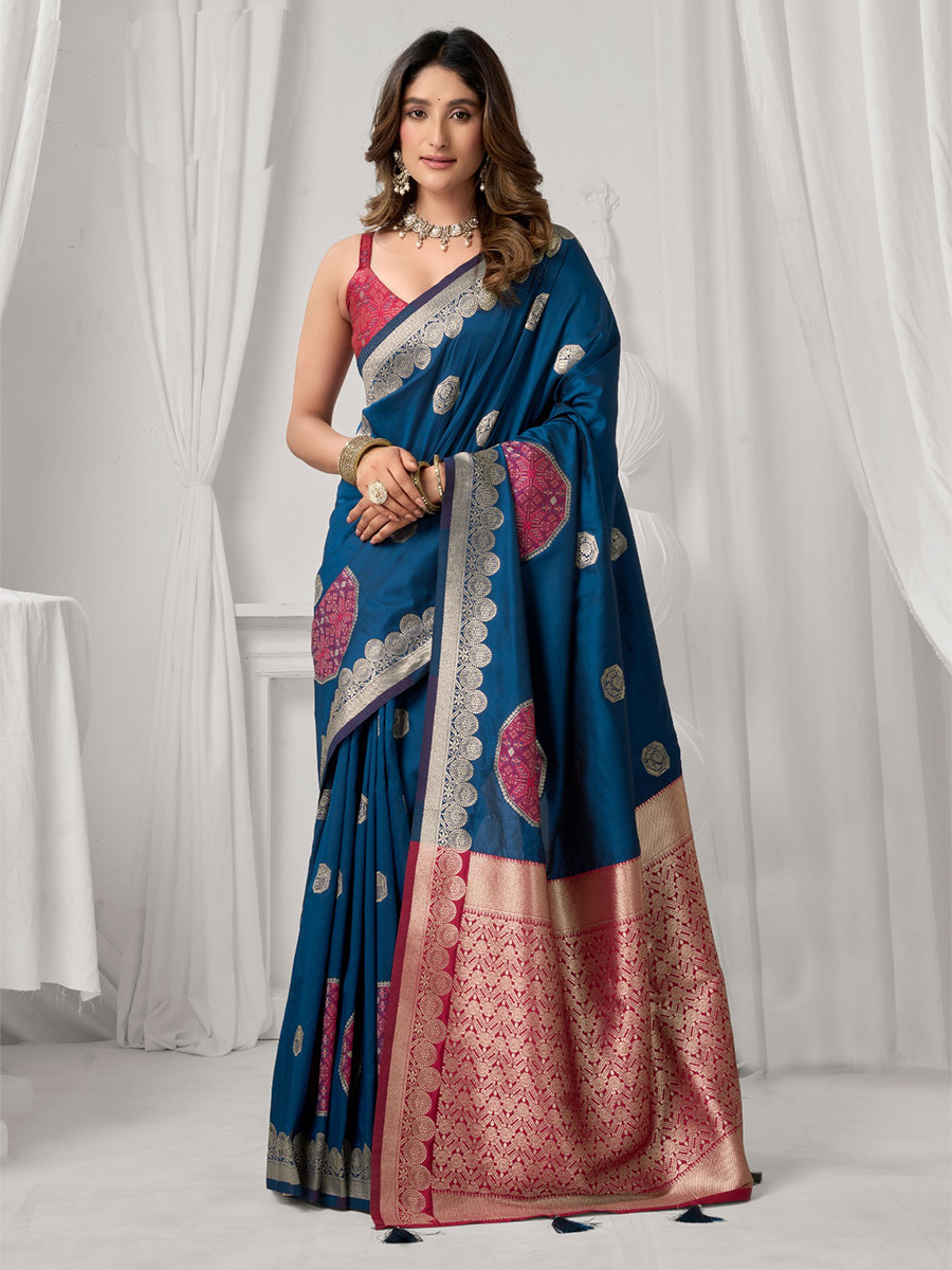 Teal Soft Silk Kanjivaram Zari Brocade Wedding Party Festival Heavy Border Sarees