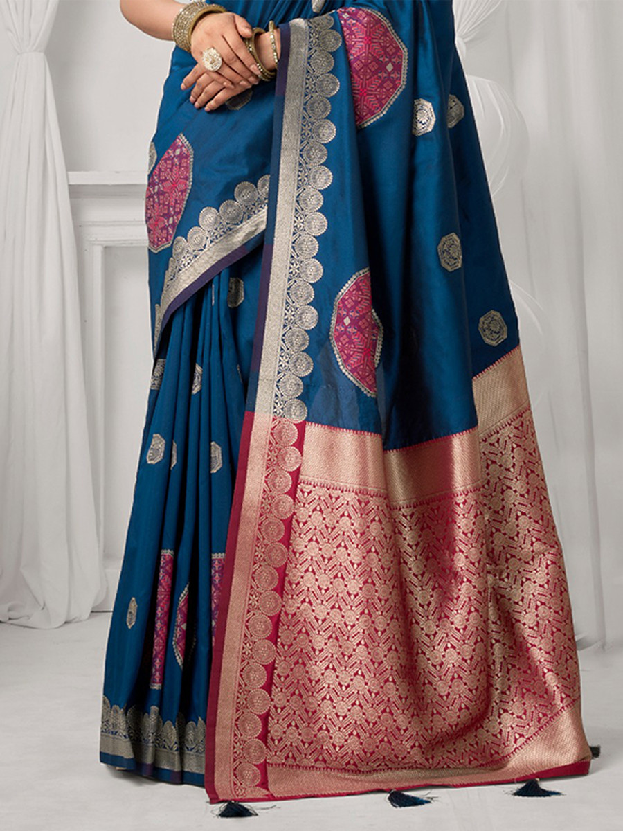 Teal Soft Silk Kanjivaram Zari Brocade Wedding Party Festival Heavy Border Sarees