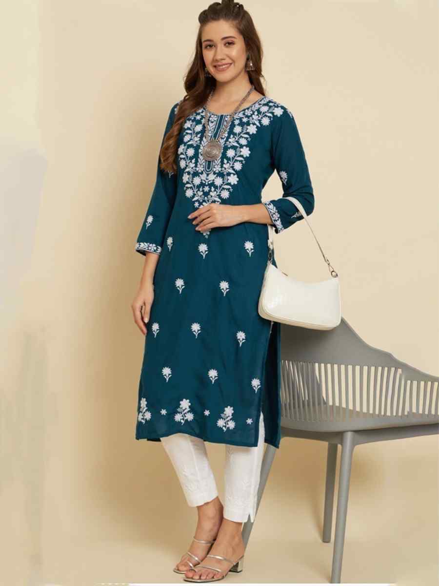 Teal Soft Slub Cotton Embroidered Festival Casual Kurti