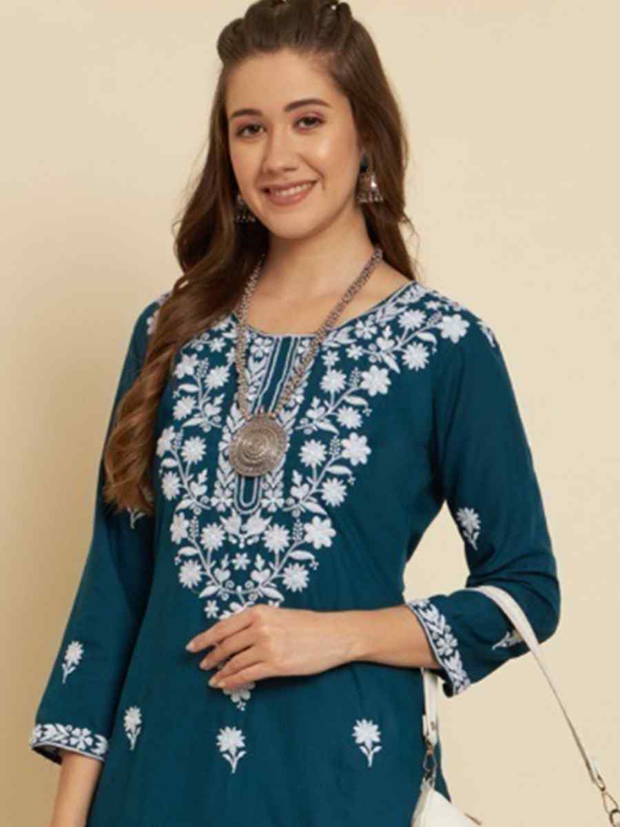 Teal Soft Slub Cotton Embroidered Festival Casual Kurti