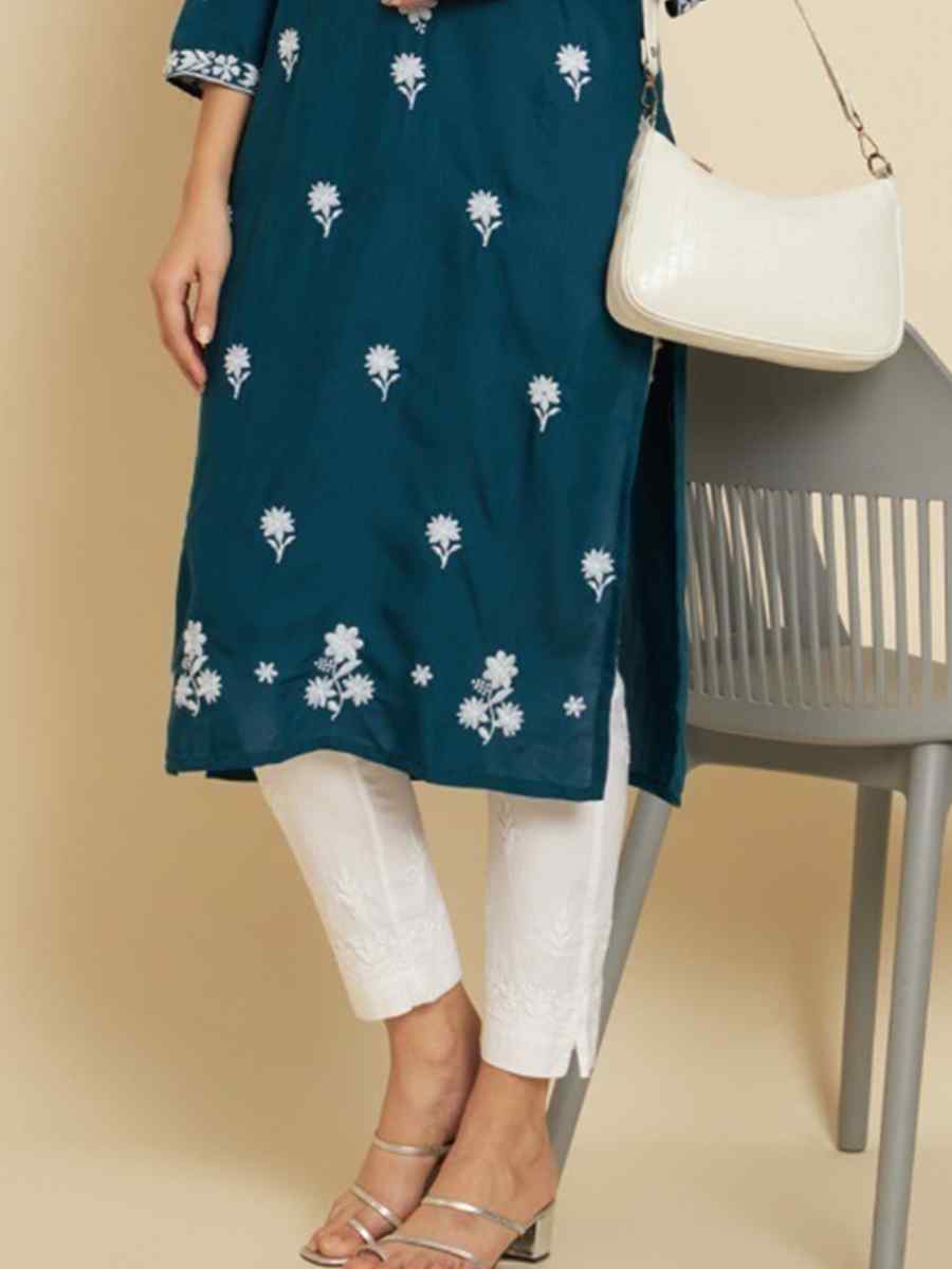 Teal Soft Slub Cotton Embroidered Festival Casual Kurti