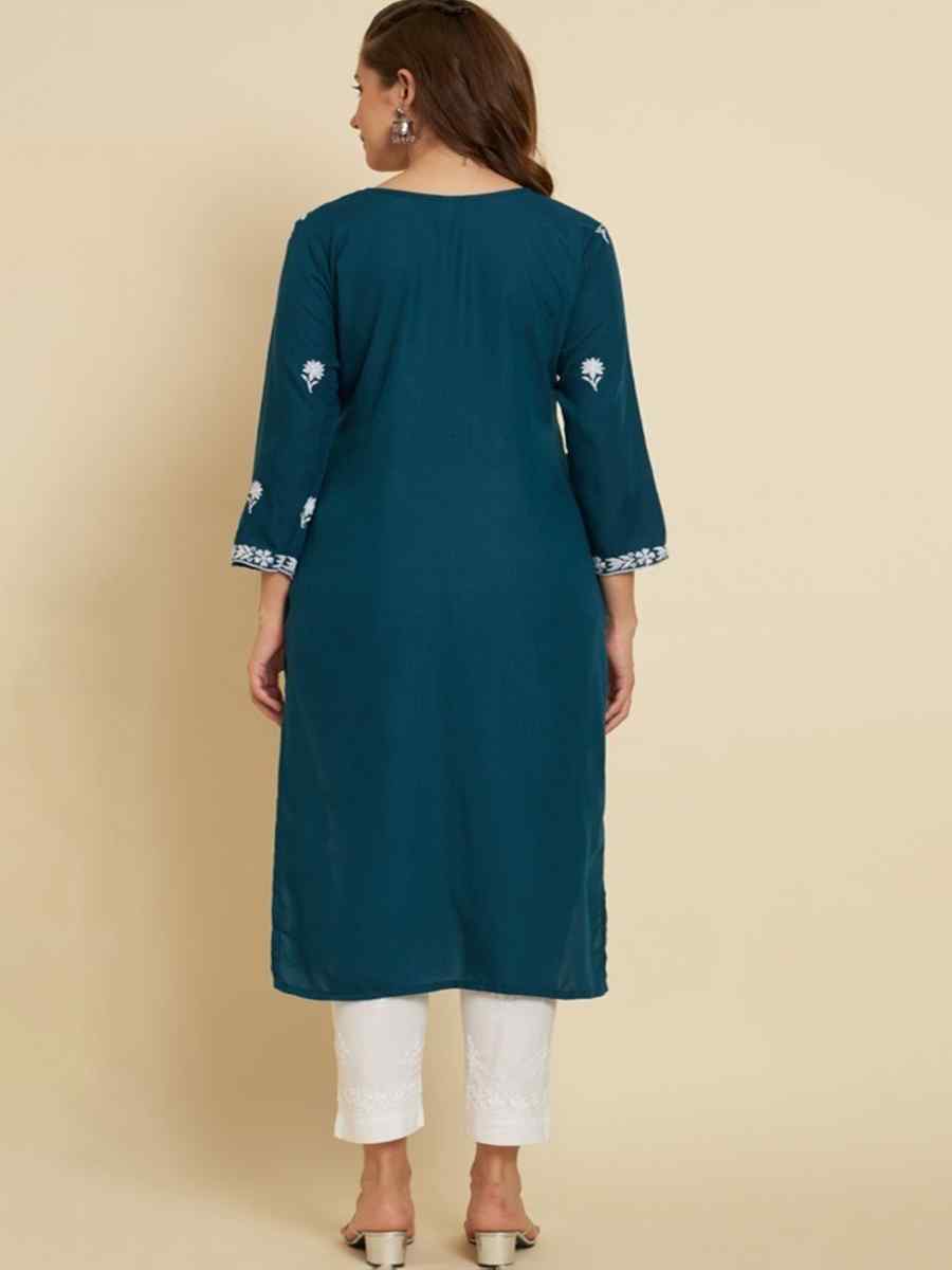 Teal Soft Slub Cotton Embroidered Festival Casual Kurti