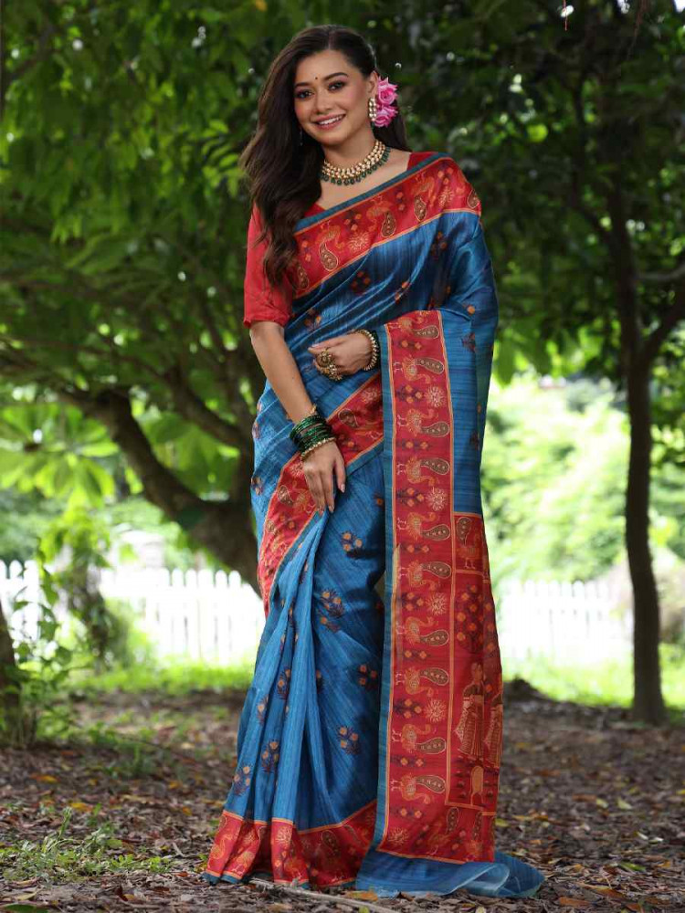 Image of Teal Soft Tussar Silk Zari Handwoven Casual Reception Festival Wedding Fancy Classic Style Sarees