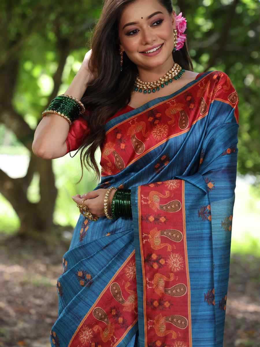 Teal Soft Tussar Silk Zari Handwoven Casual Reception Festival Wedding Fancy Classic Style Sarees