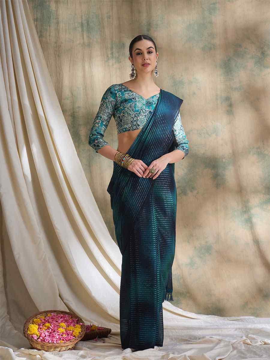 Teal Sparkle Lining Silk Printed Casual Reception Festival Wedding Fancy Classic Style Sarees