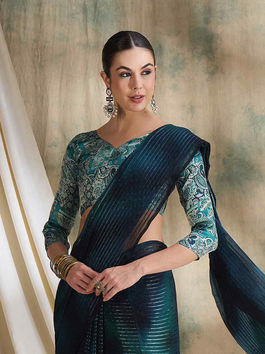 Teal Sparkle Lining Silk Printed Casual Reception Festival Wedding Fancy Classic Style Sarees