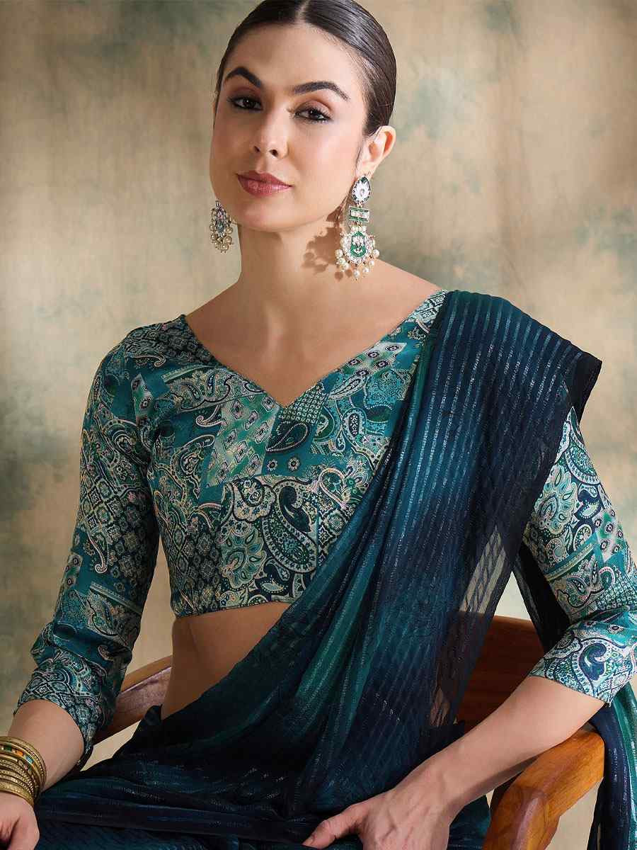 Teal Sparkle Lining Silk Printed Casual Reception Festival Wedding Fancy Classic Style Sarees