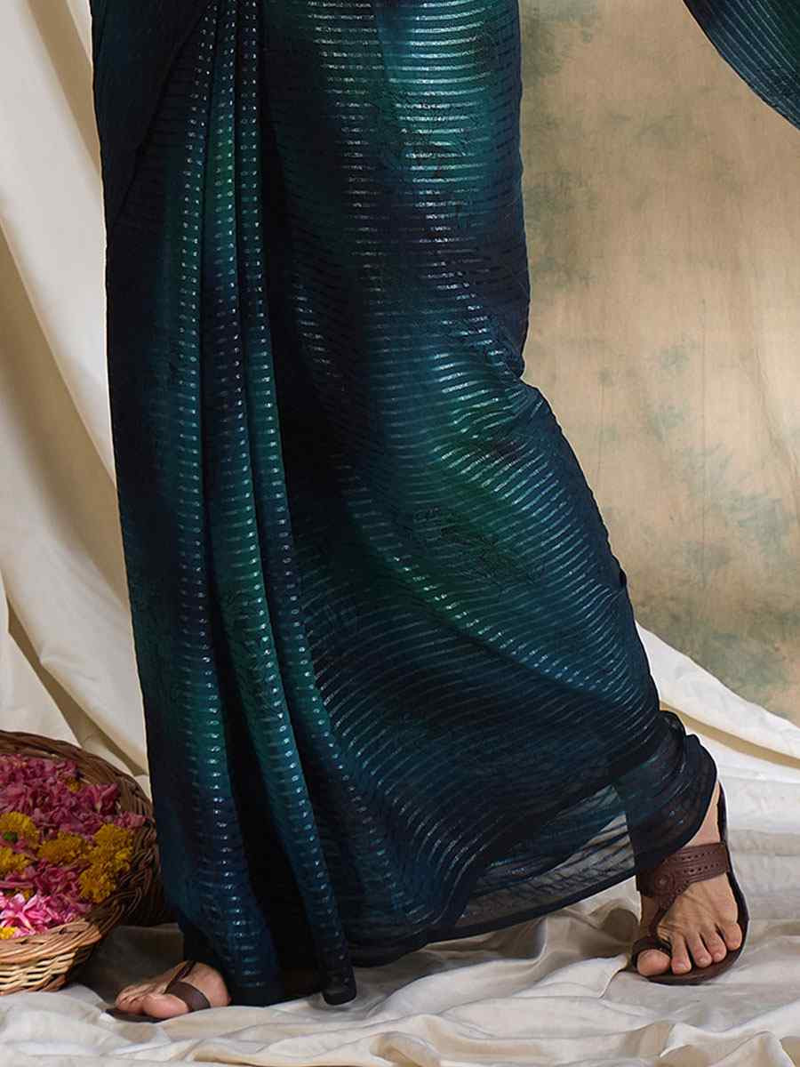 Teal Sparkle Lining Silk Printed Casual Reception Festival Wedding Fancy Classic Style Sarees