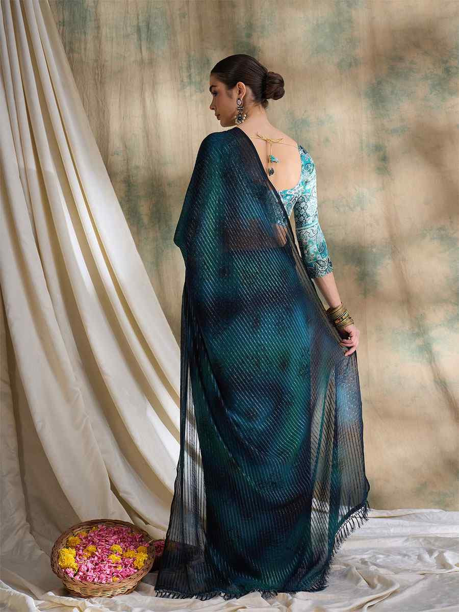 Teal Sparkle Lining Silk Printed Casual Reception Festival Wedding Fancy Classic Style Sarees