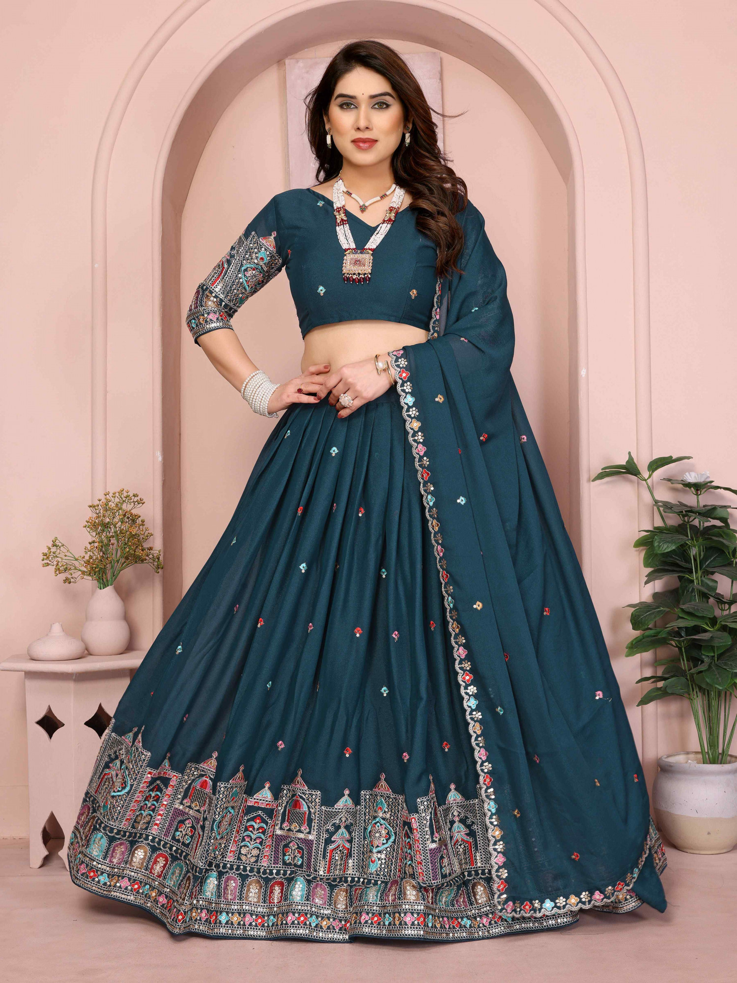 Teal Star Georgette Embroidered Festival Wedding Party Reception Heavy Border Lehenga Choli