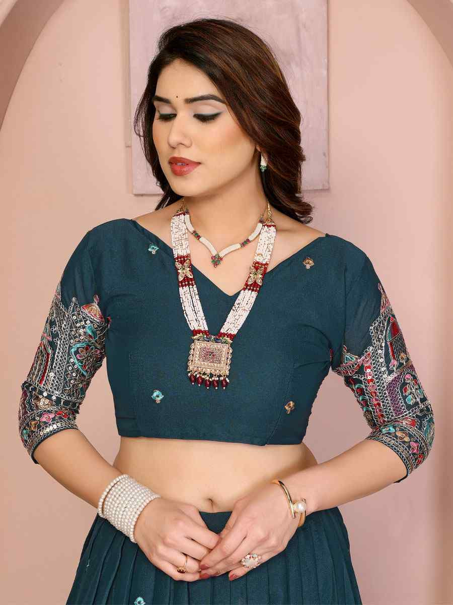 Teal Star Georgette Embroidered Festival Wedding Party Reception Heavy Border Lehenga Choli