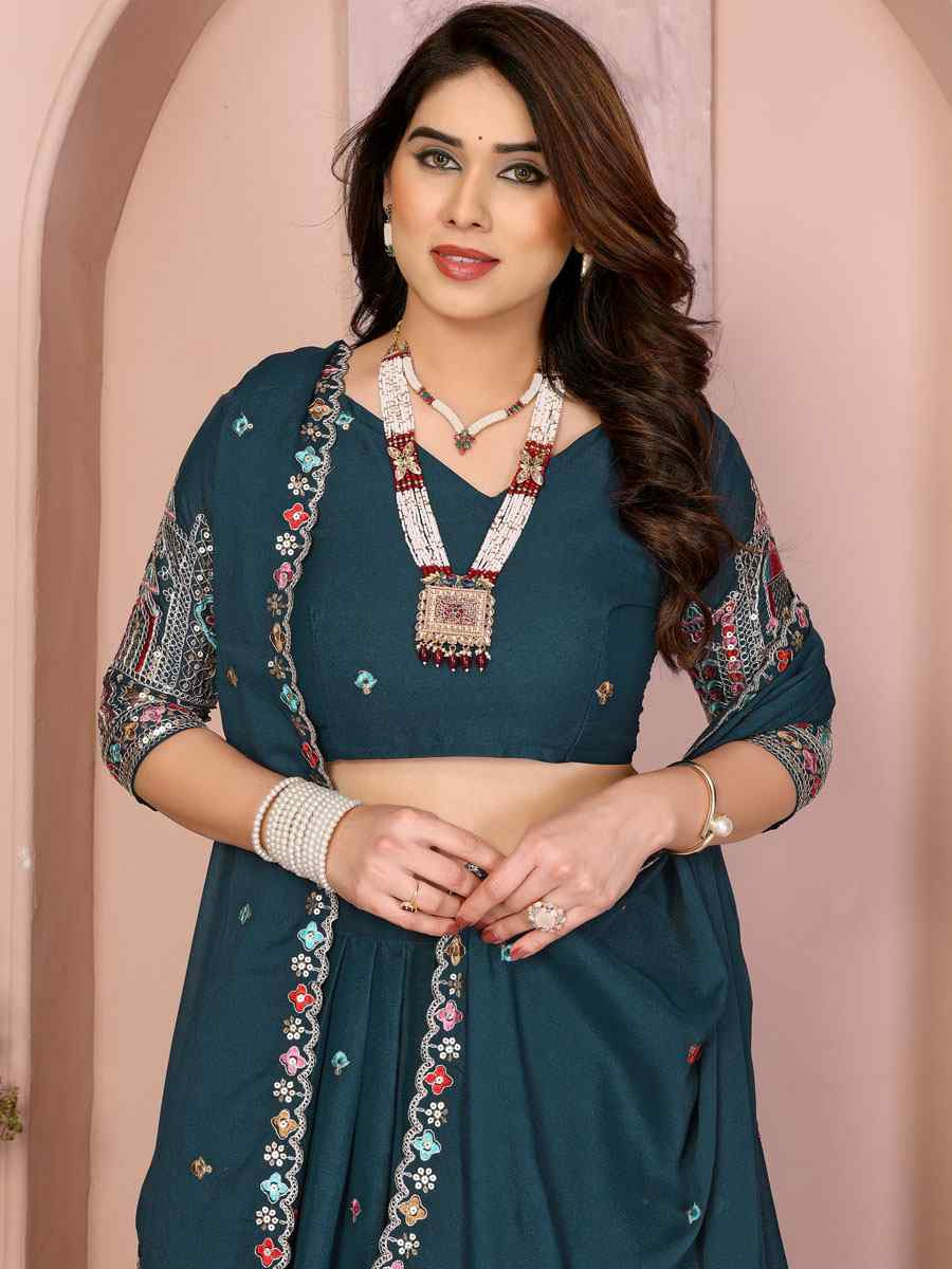 Teal Star Georgette Embroidered Festival Wedding Party Reception Heavy Border Lehenga Choli