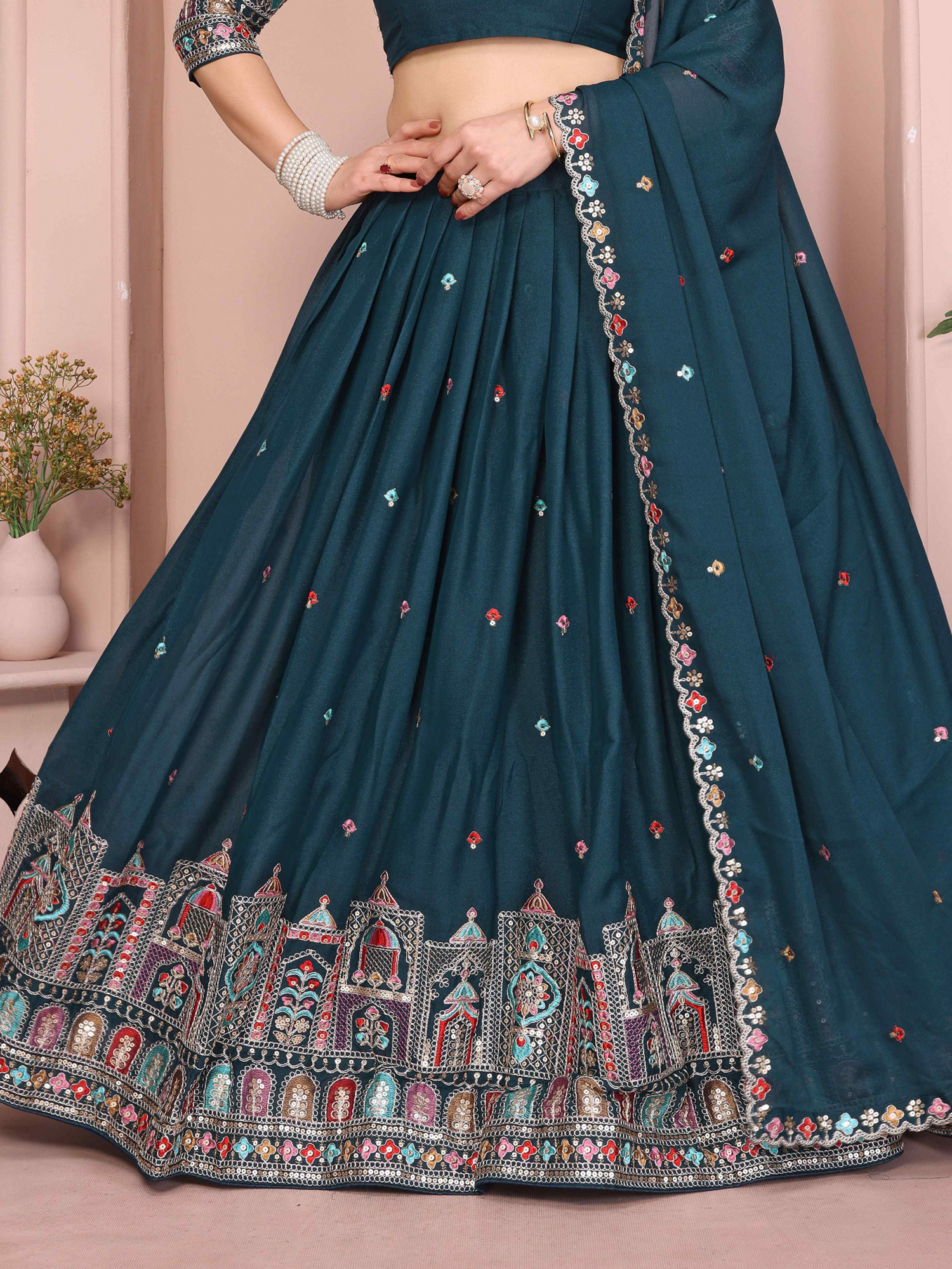 Teal Star Georgette Embroidered Festival Wedding Party Reception Heavy Border Lehenga Choli