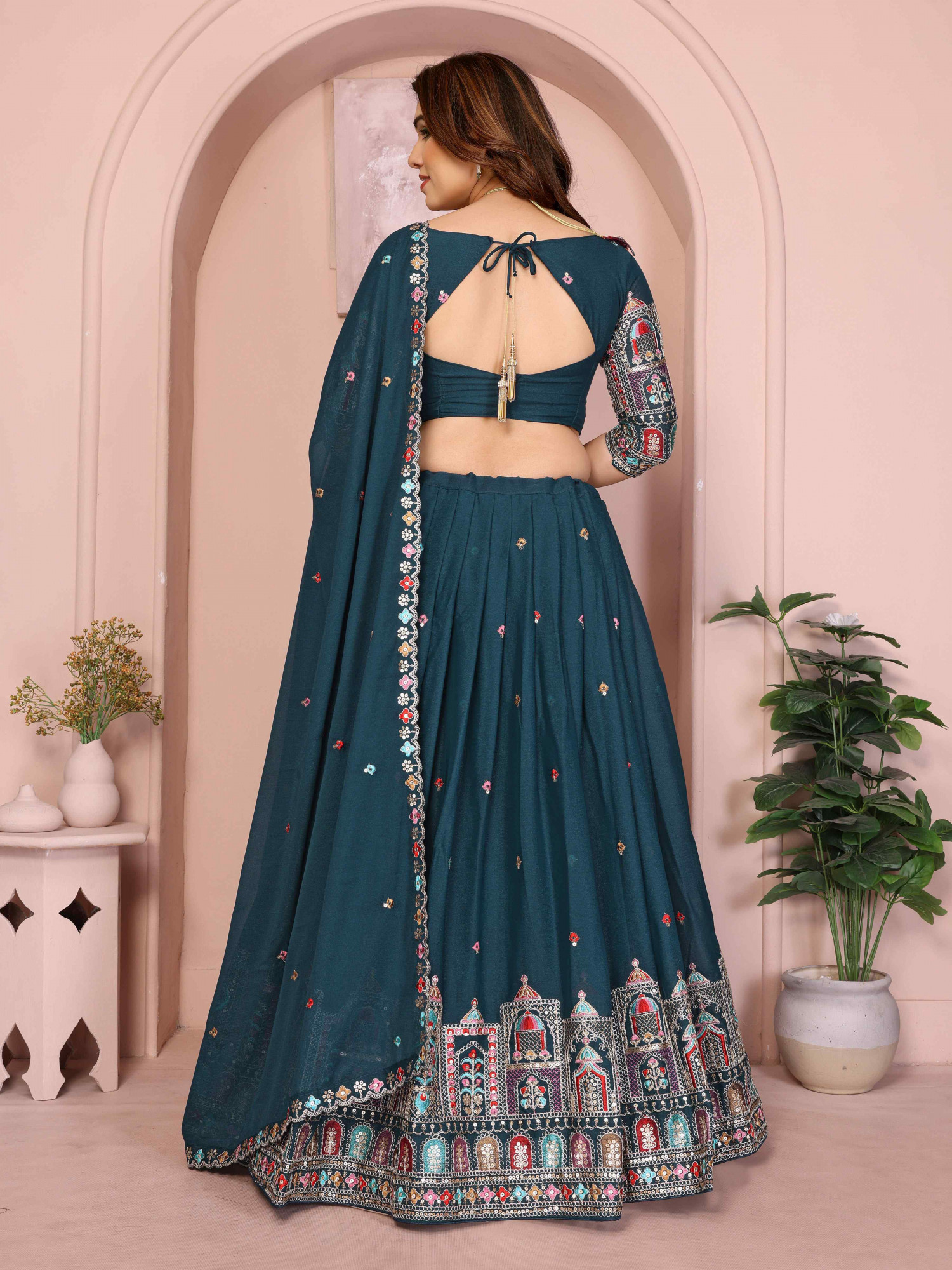 Teal Star Georgette Embroidered Festival Wedding Party Reception Heavy Border Lehenga Choli