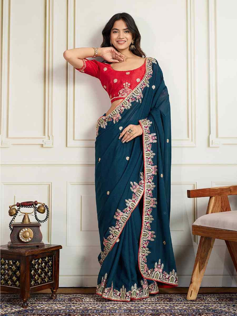 Teal Star Georgette Embroidery Traditional Bridal Reception Festival Wedding Fancy Heavy Border Saree