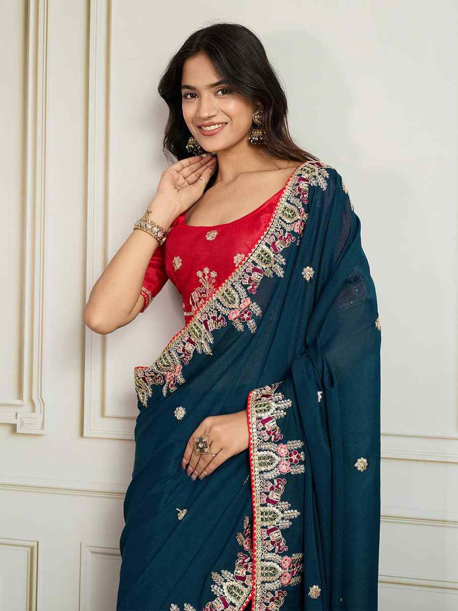 Teal Star Georgette Embroidery Traditional Bridal Reception Festival Wedding Fancy Heavy Border Saree