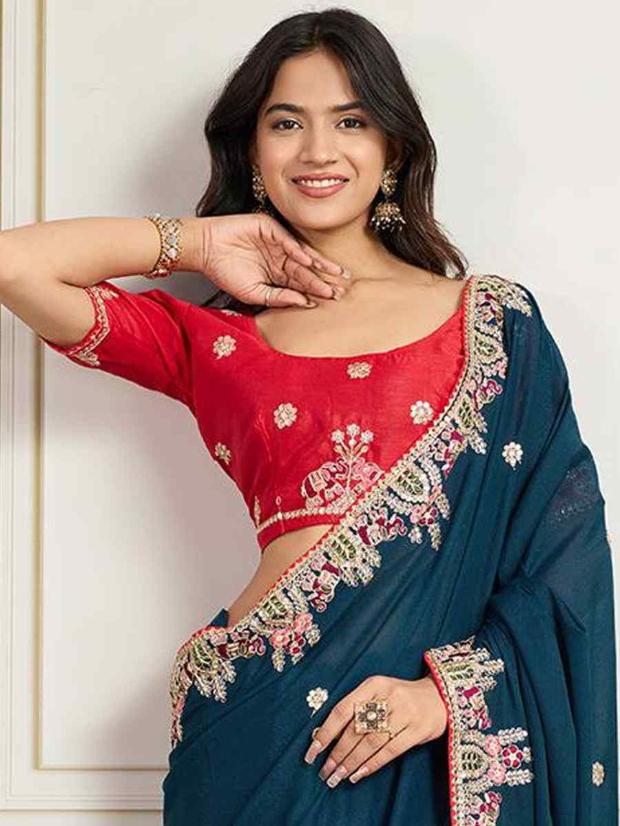 Teal Star Georgette Embroidery Traditional Bridal Reception Festival Wedding Fancy Heavy Border Saree