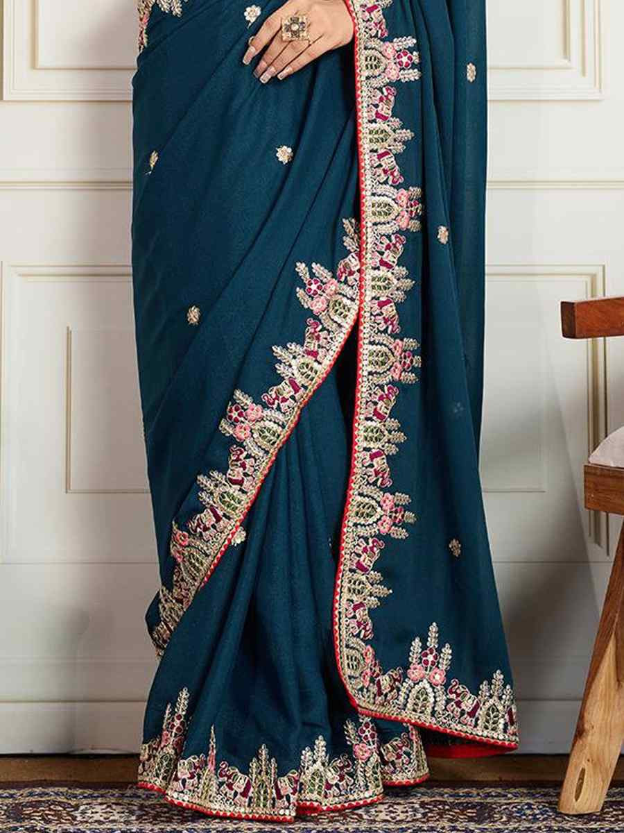Teal Star Georgette Embroidery Traditional Bridal Reception Festival Wedding Fancy Heavy Border Saree