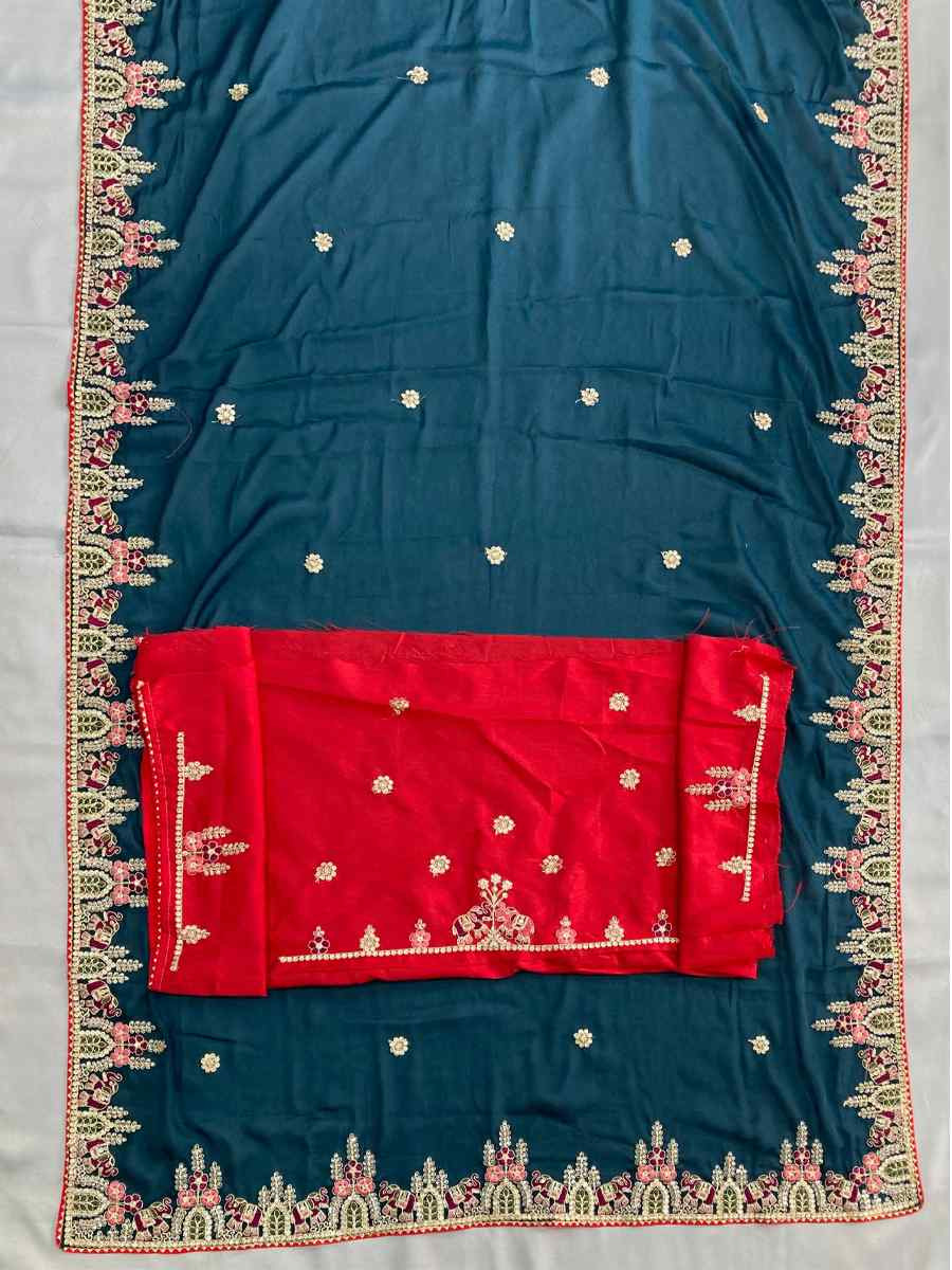 Teal Star Georgette Embroidery Traditional Bridal Reception Festival Wedding Fancy Heavy Border Saree