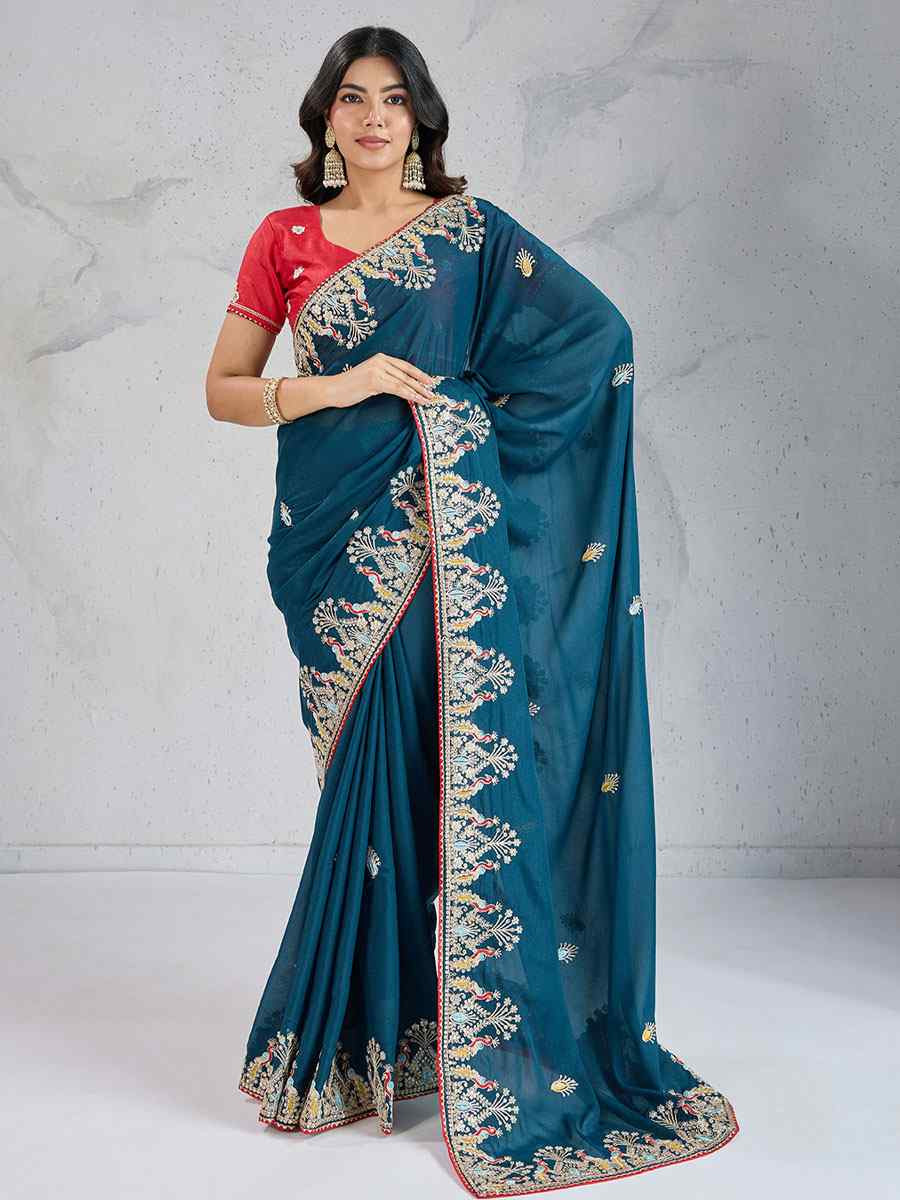 Teal Star Georgette Silk Embroidery Traditional Bridal Reception Festival Wedding Fancy Heavy Border Saree