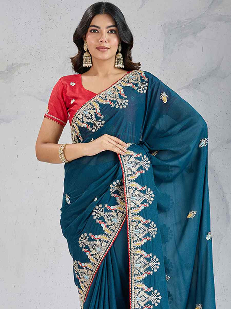Teal Star Georgette Silk Embroidery Traditional Bridal Reception Festival Wedding Fancy Heavy Border Saree