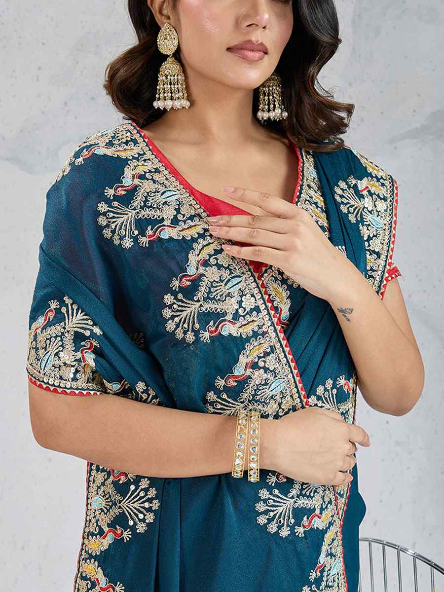 Teal Star Georgette Silk Embroidery Traditional Bridal Reception Festival Wedding Fancy Heavy Border Saree