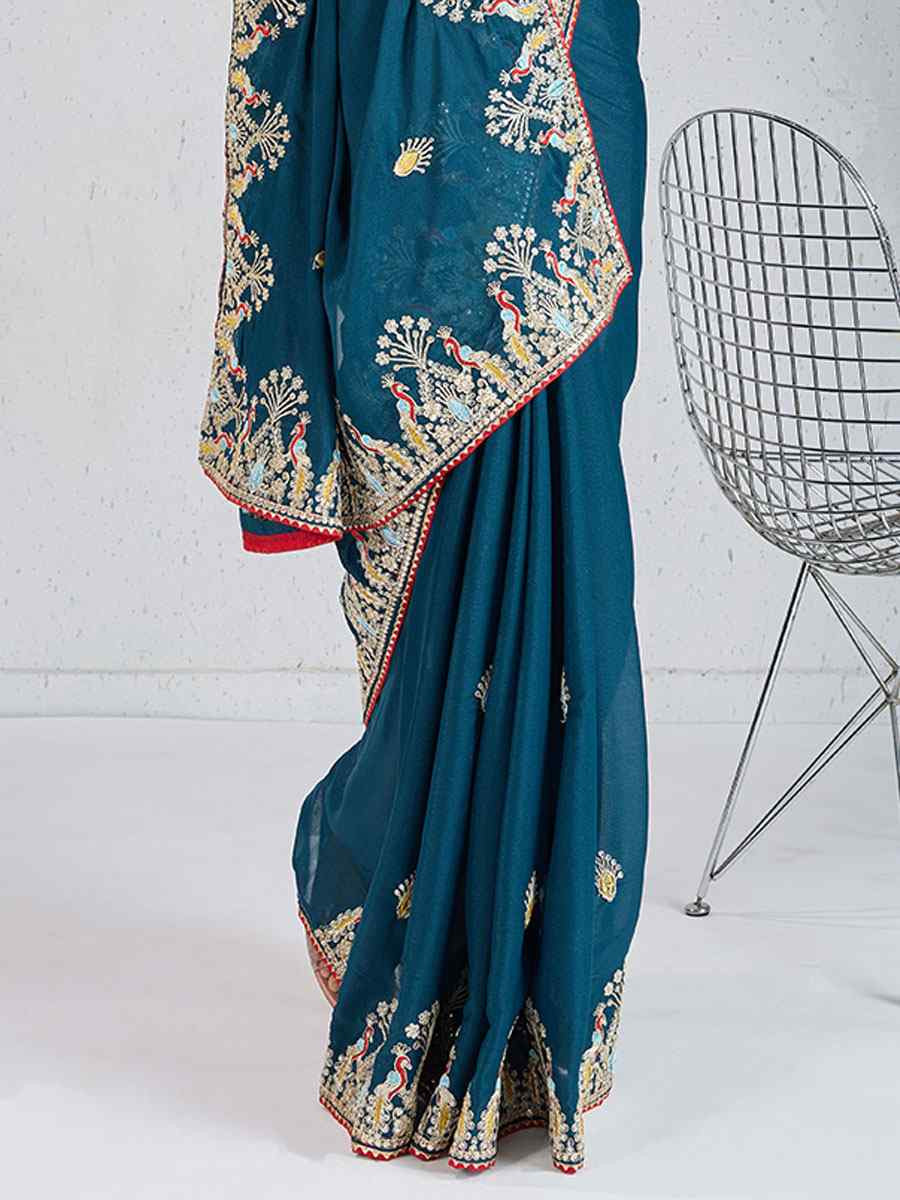 Teal Star Georgette Silk Embroidery Traditional Bridal Reception Festival Wedding Fancy Heavy Border Saree